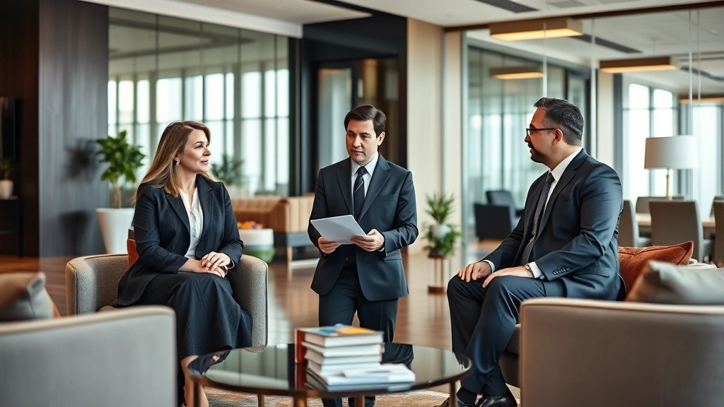 Group of three senior legal professionals in formal business attire having collaborative discussion in upscale office lounge area with modern furniture, representing partnership and professional achievement