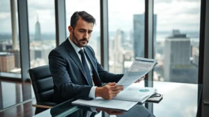 Professional male attorney in business suit reviewing financial documents and compensation reports at modern glass desk in high-rise law office with city skyline visible through floor-to-ceiling windows, serious focused expression