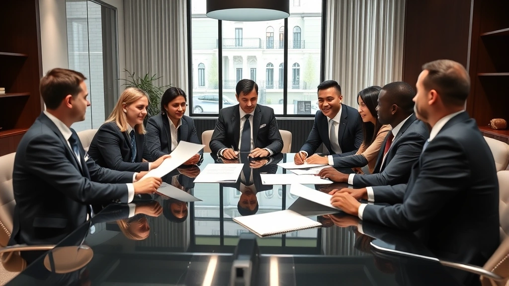 Group of diverse attorneys in business attire in contemporary law firm conference room reviewing contracts and discussing compensation packages, professional collaborative setting with modern furniture and minimalist décor
