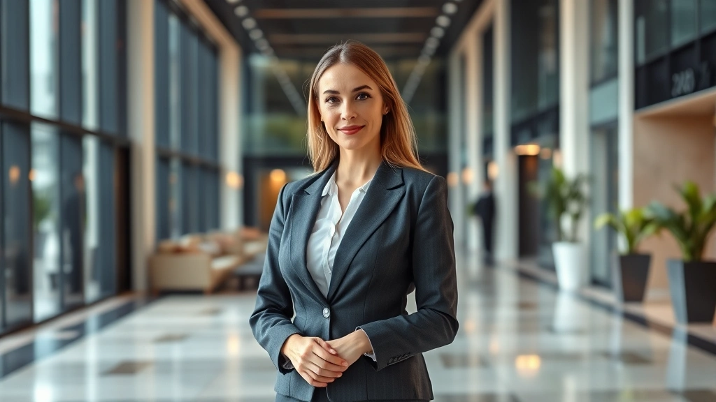 Female attorney in professional business suit standing in modern office lobby area of prestigious law firm, confident posture, looking at camera, contemporary architectural background with clean lines and professional lighting