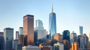 Professional photograph of modern Manhattan skyline featuring prominent financial district buildings and office towers during daytime, showing the architectural landscape where major law firms operate, sharp focus on glass and steel architecture, professional lighting