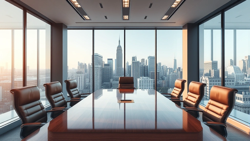 Interior shot of contemporary law office conference room with large windows overlooking city skyline, polished wooden table, leather chairs, professional lighting, no people visible, modern professional setting conveying sophistication and corporate environment