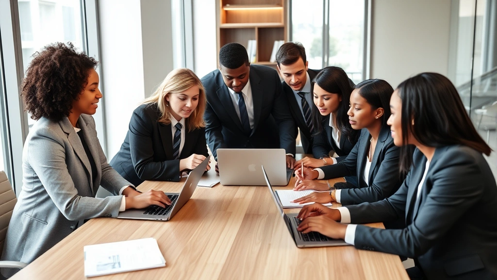 Diverse group of professional attorneys in business attire collaborating around a conference table with laptops and documents, modern office setting with natural light, focused work atmosphere, representing teamwork and legal practice excellence