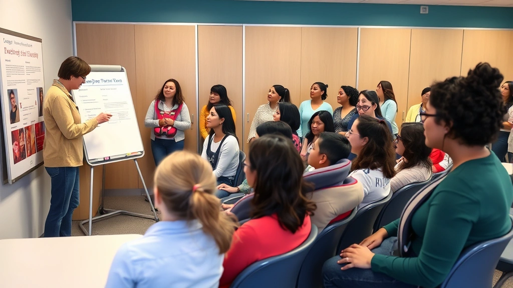 Diverse group of parents and caregivers attending child safety education workshop with booster seat displays, instructor pointing to safety information on whiteboard