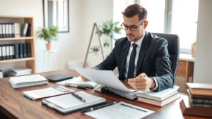 Professional lawyer reviewing legal documents and case files at wooden desk in modern office, focused expression, natural lighting from window, professional attire