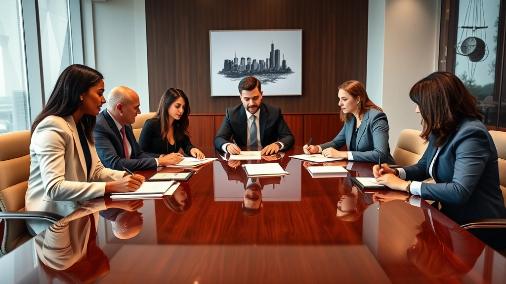 Diverse legal team in conference room discussing case strategy around polished table, reviewing documents and taking notes, collaborative professional environment