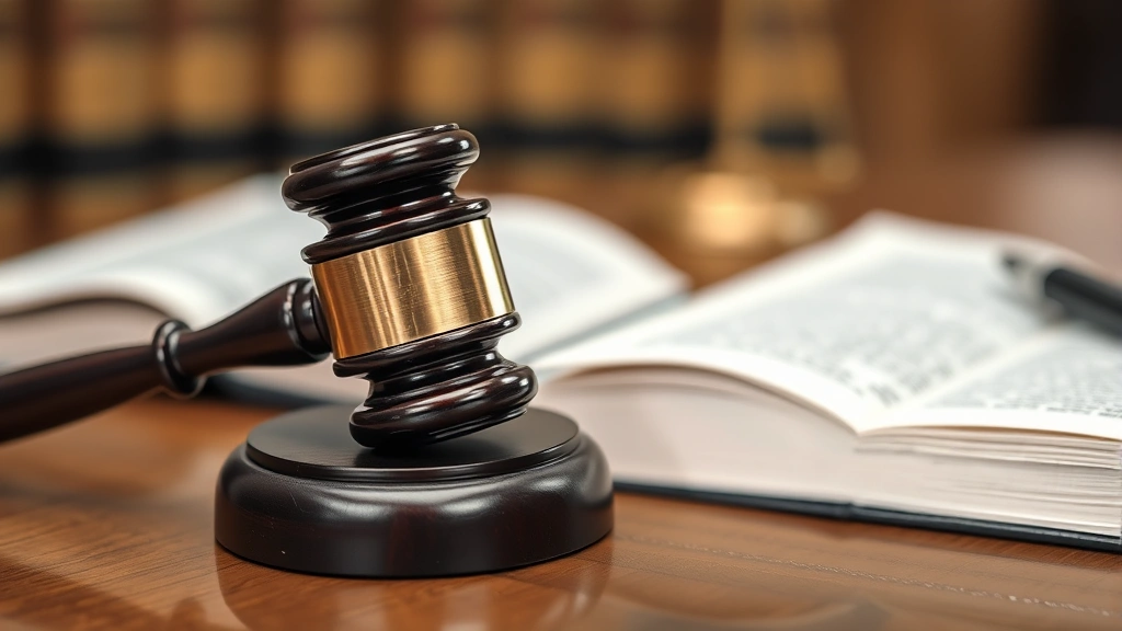Close-up of judge's gavel on bench with law books and court documents in blurred background, symbolizing legal authority and justice system procedures