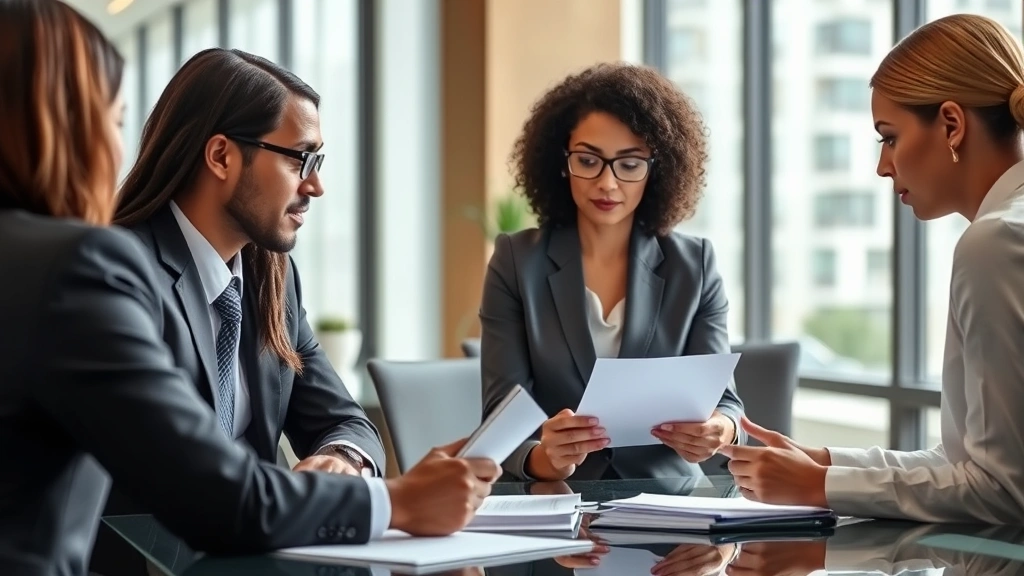 Professional immigration attorney in modern law office reviewing documents with diverse clients, natural lighting, focused consultation atmosphere, no visible text on papers