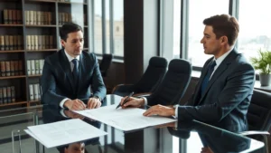 Professional business meeting with two attorneys in modern law office discussing contract documents on glass table, natural lighting, serious professional demeanor
