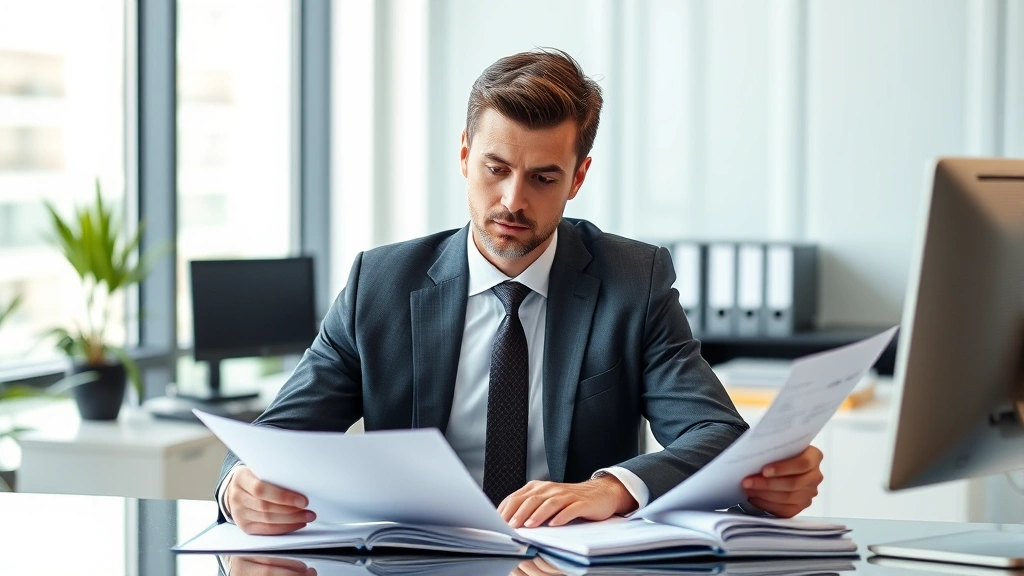 Professional male lawyer in business suit reviewing automotive vehicle code documents at modern law office desk with computer, serious focused expression, natural office lighting