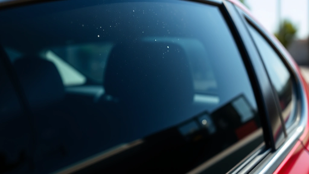 Close-up of car window with medium-darkness professional window tint film applied, showing light transmission through glass in bright daylight, side angle view of vehicle