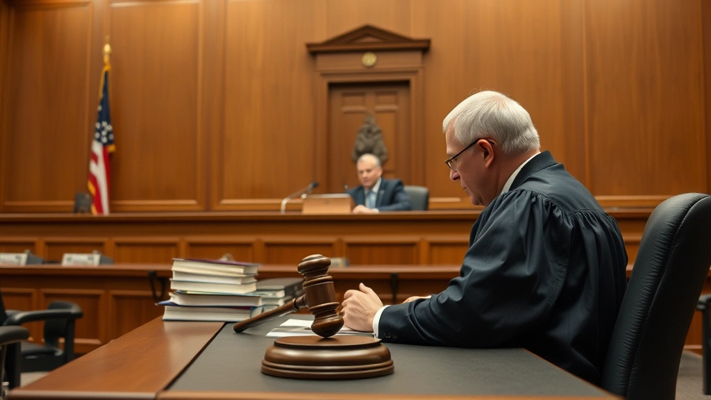 Traffic court judge at bench with gavel, law books visible, formal courtroom setting with professional atmosphere, balanced neutral lighting