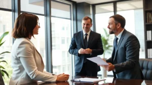 Professional legal consultation meeting with attorney and client discussing civil rights documentation in modern law office with natural lighting