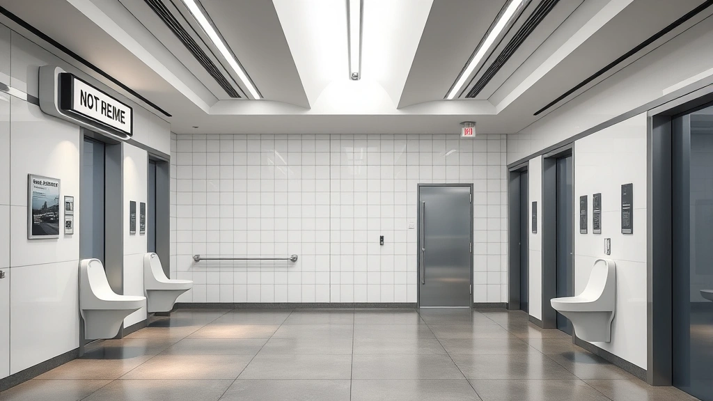 Modern, inclusive public restroom facility with neutral signage and privacy-focused design elements, empty of people, contemporary architecture