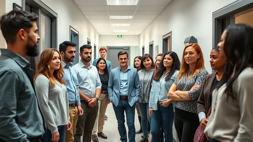 Diverse group of professionals in workplace hallway near bathroom facilities, casual workplace environment, inclusive atmosphere