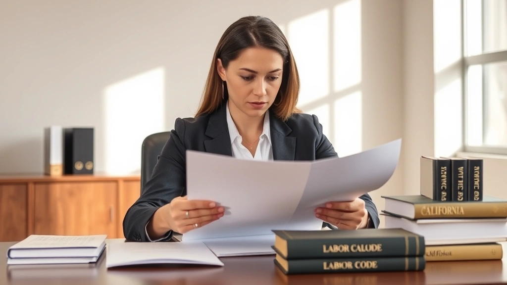 Professional female employment lawyer in business attire reviewing labor law documents at wooden desk with California legal code books, natural office lighting, serious focused expression