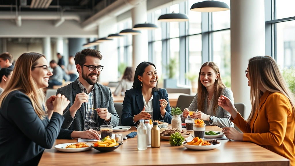 Diverse group of office workers enjoying lunch break together in modern corporate cafeteria, relaxed atmosphere, natural daylight from windows, casual workplace setting