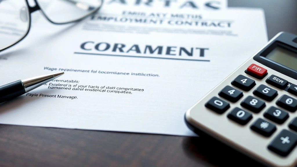 Close-up of employment contract and legal documents with calculator on desk, professional business environment, showing compliance documentation and wage calculations