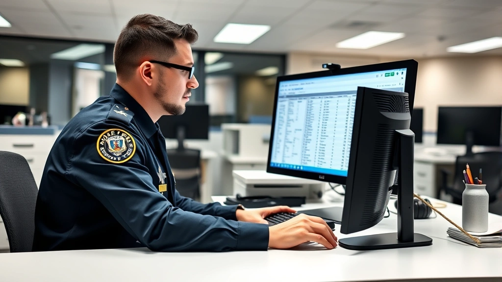 Professional photograph of a law enforcement officer at a desk reviewing sex offender registry information on a computer screen, showing focused attention to database records, modern police station office setting with office equipment