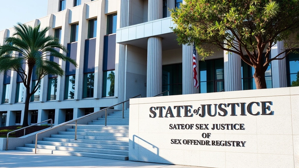 California Department of Justice building exterior with professional government architecture, daytime photograph showing official state law enforcement facility, representing state administration of sex offender registry