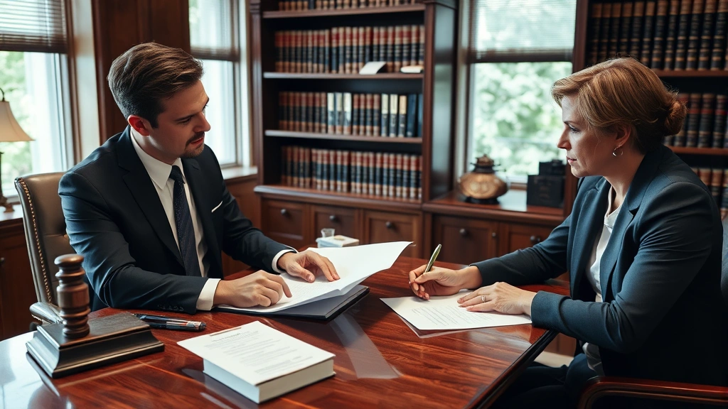 Professional legal consultation scene showing an attorney and client reviewing case documents at a wooden desk in a law office, representing criminal justice legal guidance and case preparation