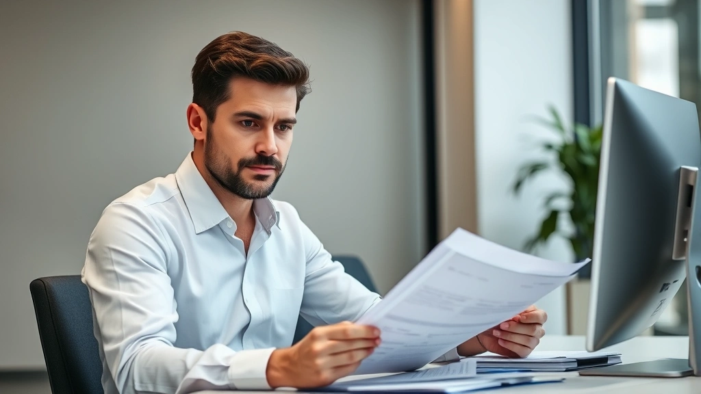 Professional HR manager reviewing employee files and sick leave policies in a modern office with neutral background, focused and serious expression, desk with computer visible