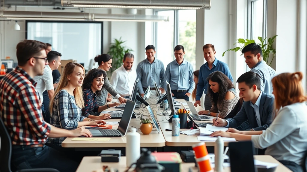 Diverse team of employees in a casual office environment, some at desks working, professional and collaborative atmosphere, natural lighting, no text or signage visible