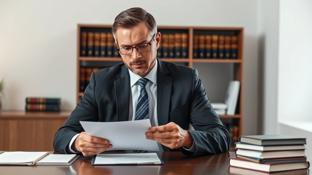 Professional attorney in business suit reviewing legal documents at desk with law books in background, serious professional demeanor, modern office setting with neutral colors