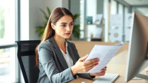 Professional woman in business attire reviewing healthcare documents at modern office desk with computer, serious focused expression, natural lighting, clean workspace