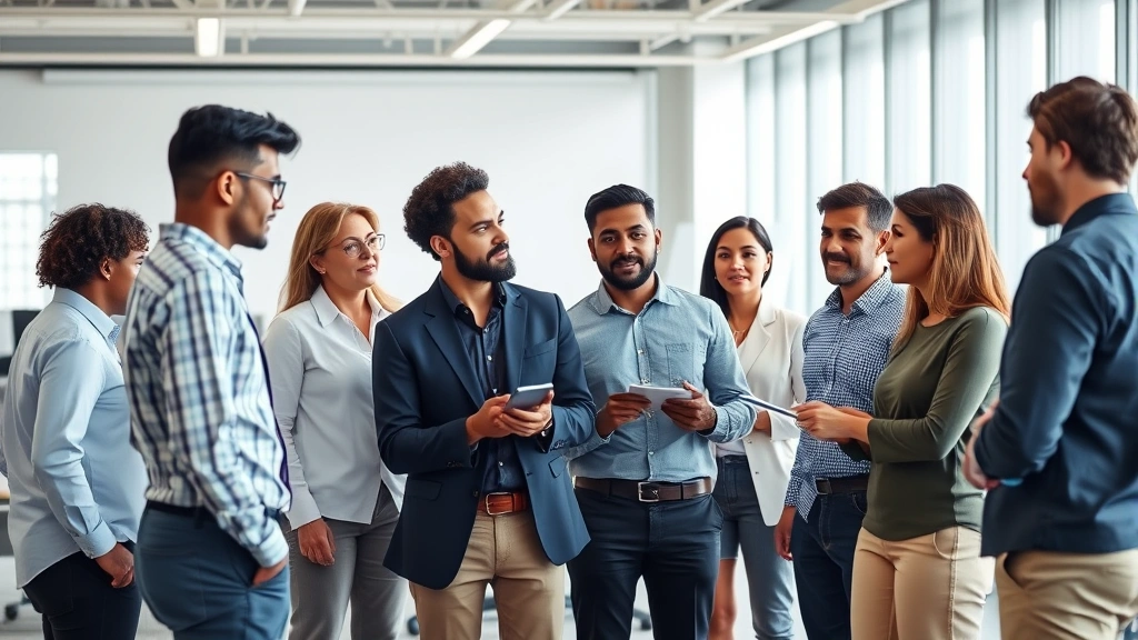 Diverse group of office workers in casual professional clothing having discussion in bright modern conference room, collaborative atmosphere, diverse ethnicities and genders
