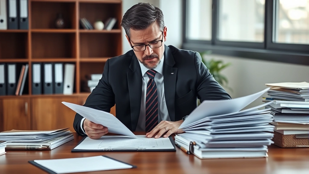 Professional male HR representative in business suit reviewing employment contracts and policies at wooden desk with organized files, serious professional demeanor