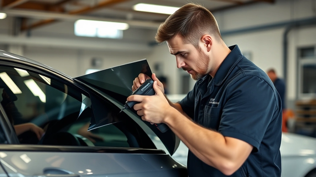 Professional male automotive technician applying window tint film to a car's side window using precision tools, indoor professional shop setting with natural lighting, showing careful measurement and application technique