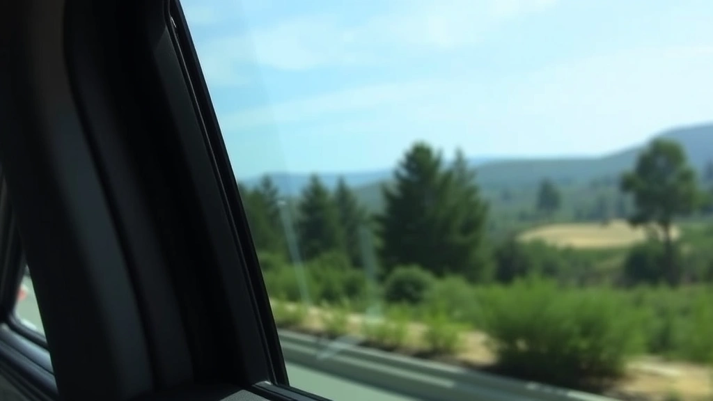 Close-up of a vehicle's side window showing properly tinted glass allowing clear visibility of landscape and trees beyond, demonstrating legal compliance with California transparency standards