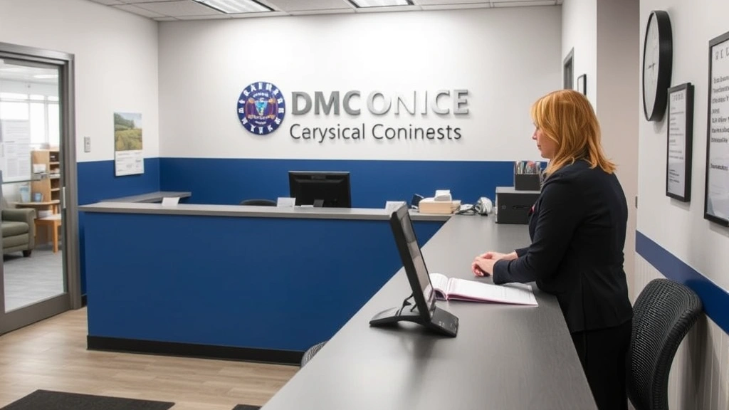DMV office interior with customer service counter, professional staff member reviewing documentation, representing medical exemption application process for window tinting