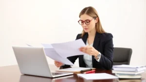 Professional woman in business attire reviewing documents at a desk with a laptop, representing unemployment claim filing and legal documentation review