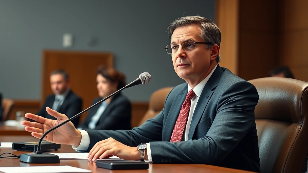 Male employment attorney in suit presenting case at a hearing table with microphone, exemplifying unemployment appeals and administrative proceedings