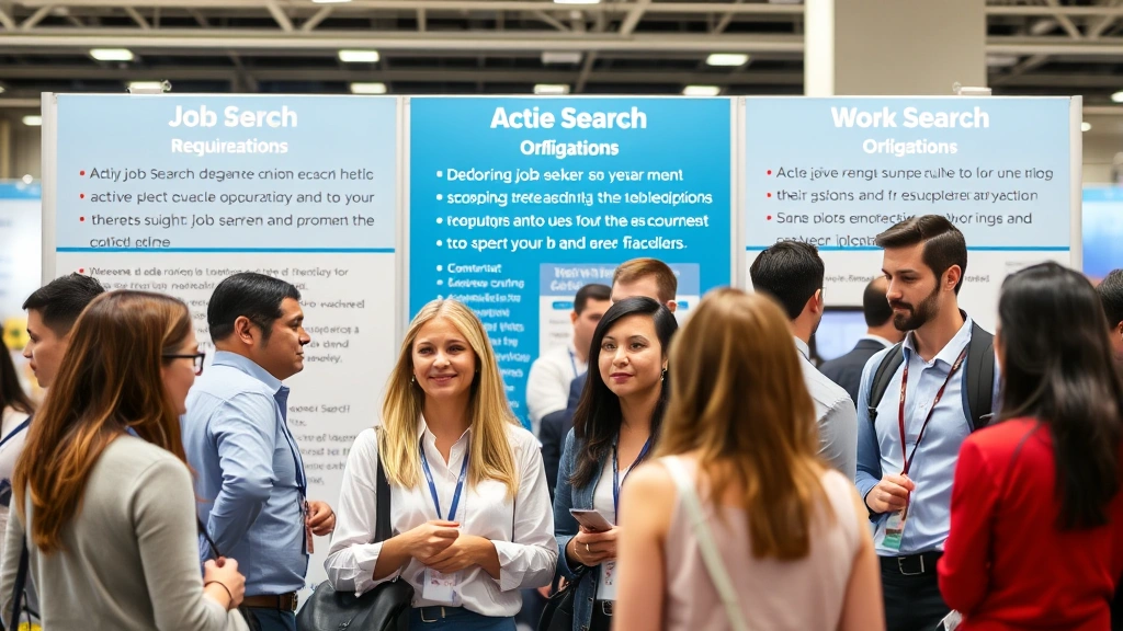 Diverse group of job seekers in professional clothing at a career fair booth, representing active job search requirements and work search obligations