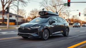 Professional autonomous vehicle driving on suburban street with traffic signals and road markings visible, daytime lighting, showing car's sensor suite and modern design