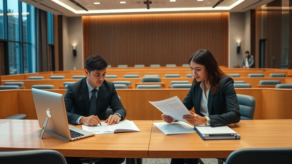 Modern courtroom or law office setting with lawyers reviewing autonomous vehicle regulatory documents and technology compliance reports on desk