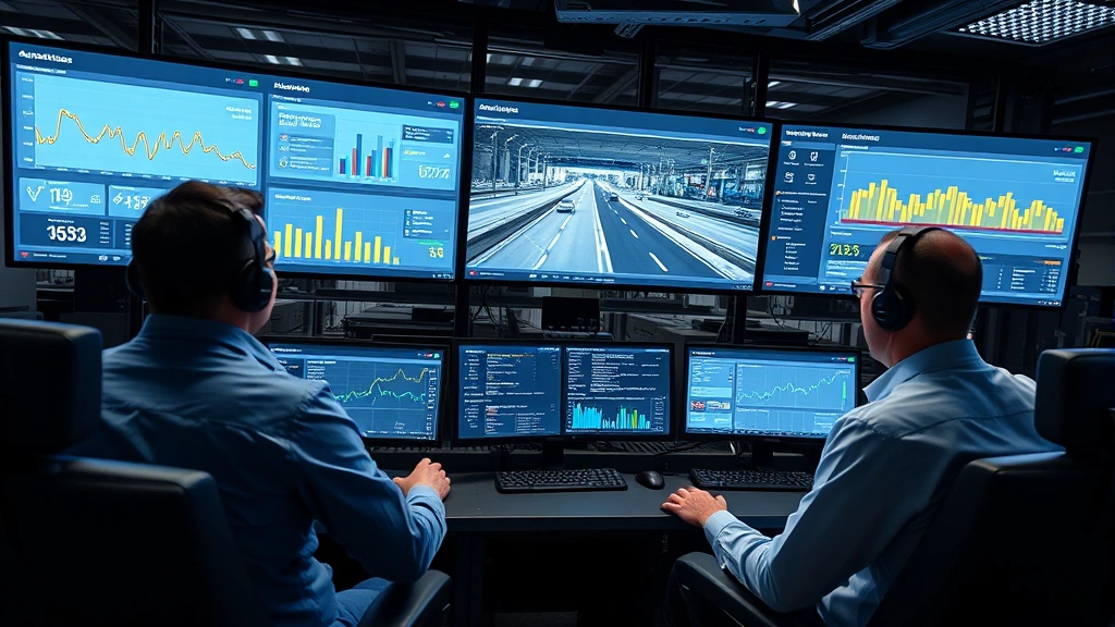Data center or tech facility with engineers monitoring autonomous vehicle performance metrics and traffic law compliance dashboards on multiple screens