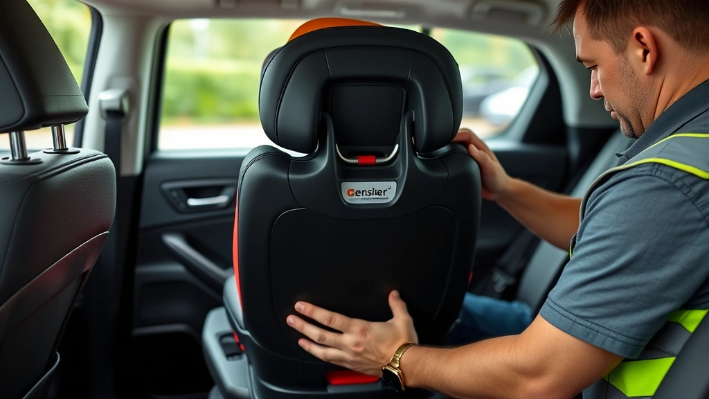 Professional photograph of certified child passenger safety technician demonstrating proper rear-facing car seat installation in vehicle back seat, showing correct angle and LATCH attachment points, focused on technical precision and safety equipment