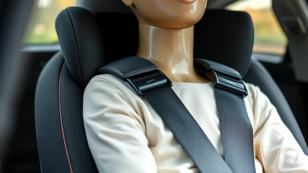 Close-up professional image of forward-facing car seat with five-point harness system properly fitted on child-sized mannequin, displaying correct shoulder belt positioning and harness adjustment features in well-lit automotive setting