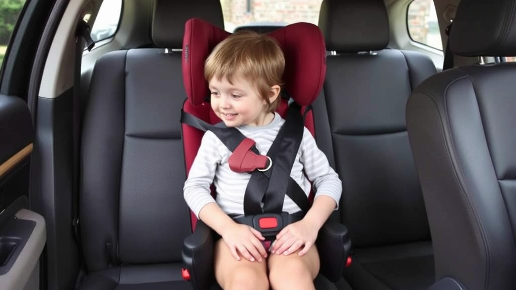 Photograph of booster seat properly positioned in vehicle seat with adult demonstrating correct lap belt and shoulder belt fit positioning across child-sized form, showing proper alignment with vehicle seat and headrest