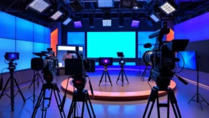 Professional television production studio with high-end equipment, cameras on rigs, and lighting setups in a modern production facility, no visible text or signage