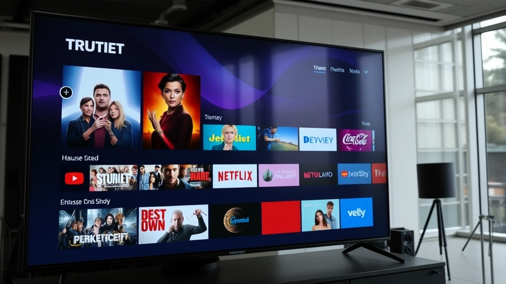 Streaming service interface display showing multiple television show thumbnails and menu options on a large modern screen in a tech-focused environment, no readable text