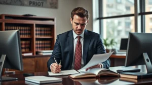 Professional attorney in business suit reviewing legal documents at mahogany desk with law books and computer in modern law office, natural lighting, serious focused expression, photorealistic