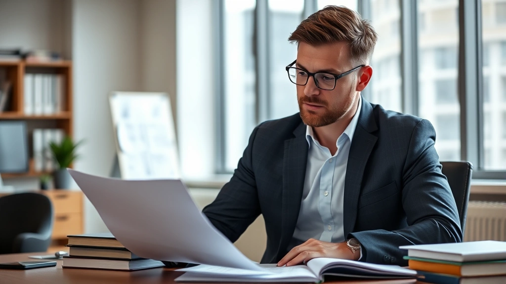 Professional lawyer reviewing copyright documents and contracts in modern office setting, focused expression, natural lighting from windows, contemporary workspace with legal books and computer