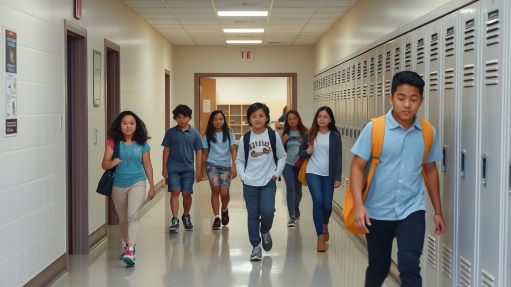 Middle school hallway with students walking, open doorway to classroom visible, school lockers in background, neutral educational environment, diverse students, photorealistic professional photography