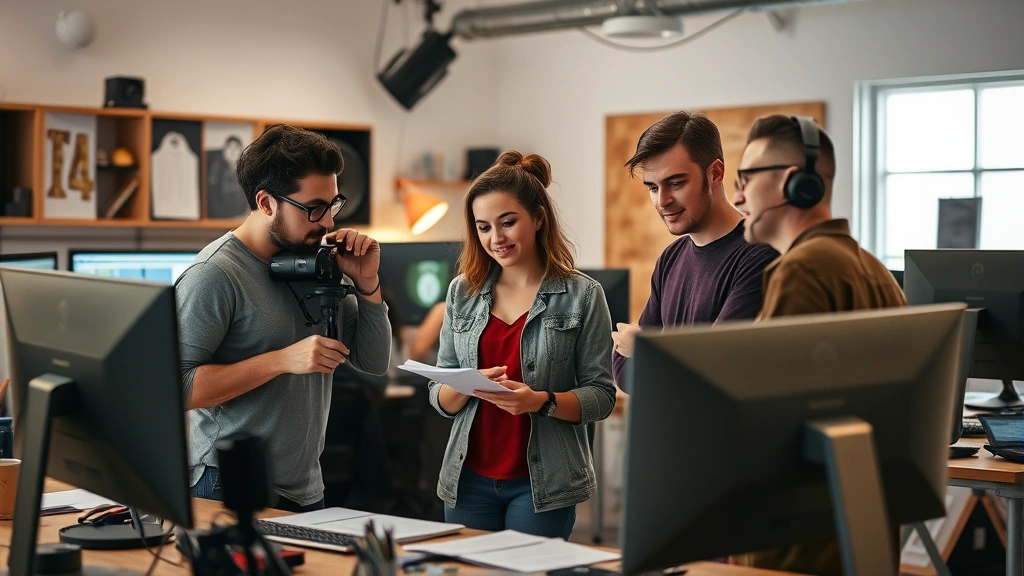 Team of creative professionals collaborating in studio environment - filmmaker, animator, and writer reviewing work together, casual professional attire, creative workspace with monitors and design materials