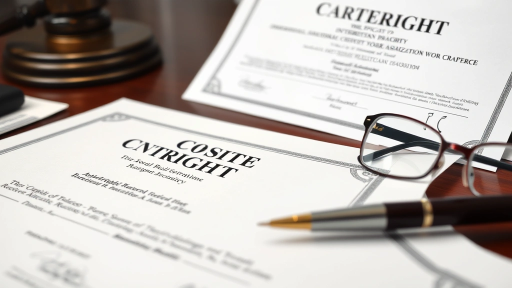 Copyright registration certificate and intellectual property documents displayed professionally, close-up of official paperwork, formal legal documentation, office desk setting with pen and reading glasses